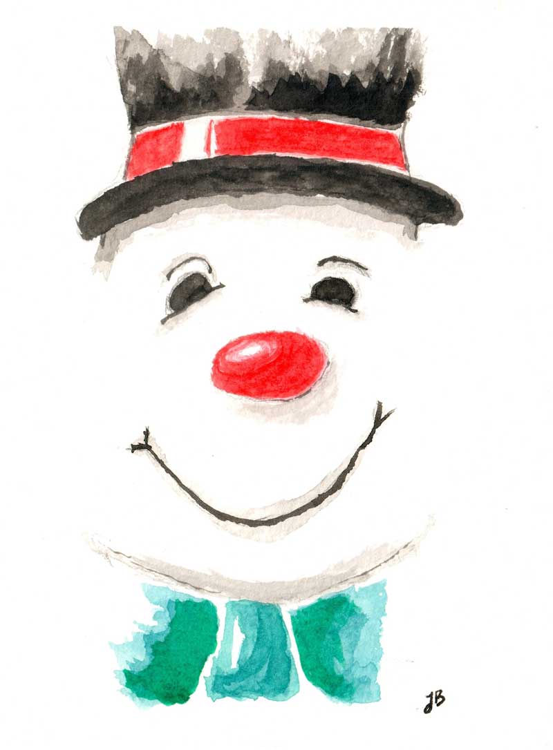 Watercolour rendering of a close-up of Frosty the Snowman's friendly face - happy holidays!