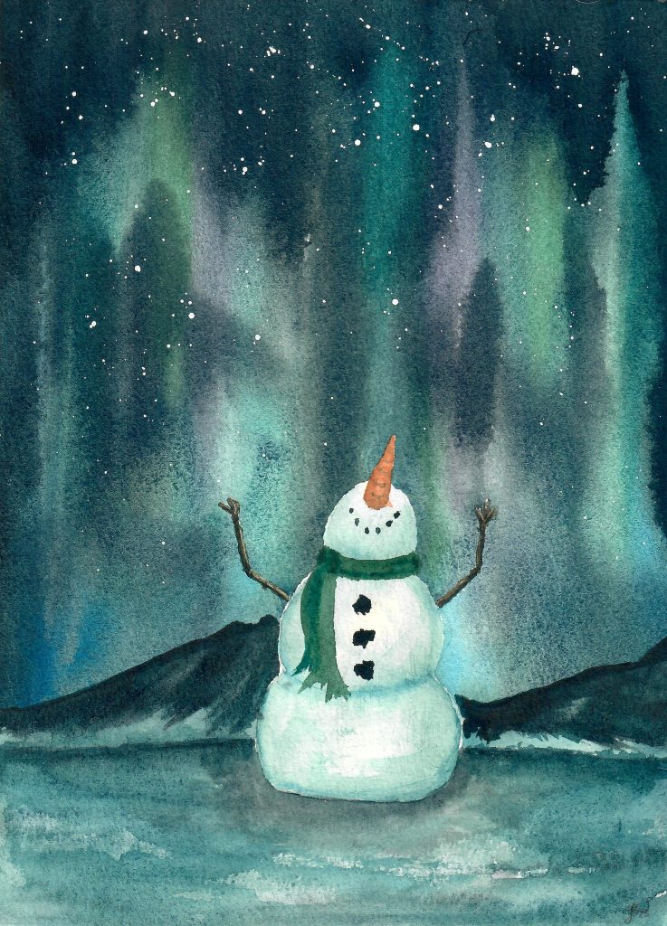 Frosty Aurora by Jeremy Bible - a snowman gazes up into a brilliant winter sky