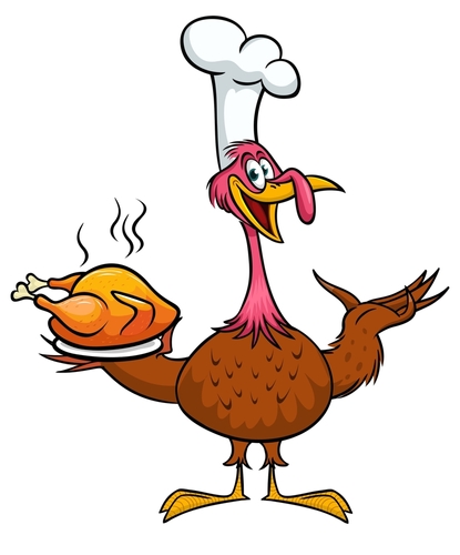 Cartoon happy cute thanksgiving turkey bird chief cooking roasted chicken on the tray. Vector illustration isolated. Design for Thanksgiving Day - Photo credit: Shutterstock